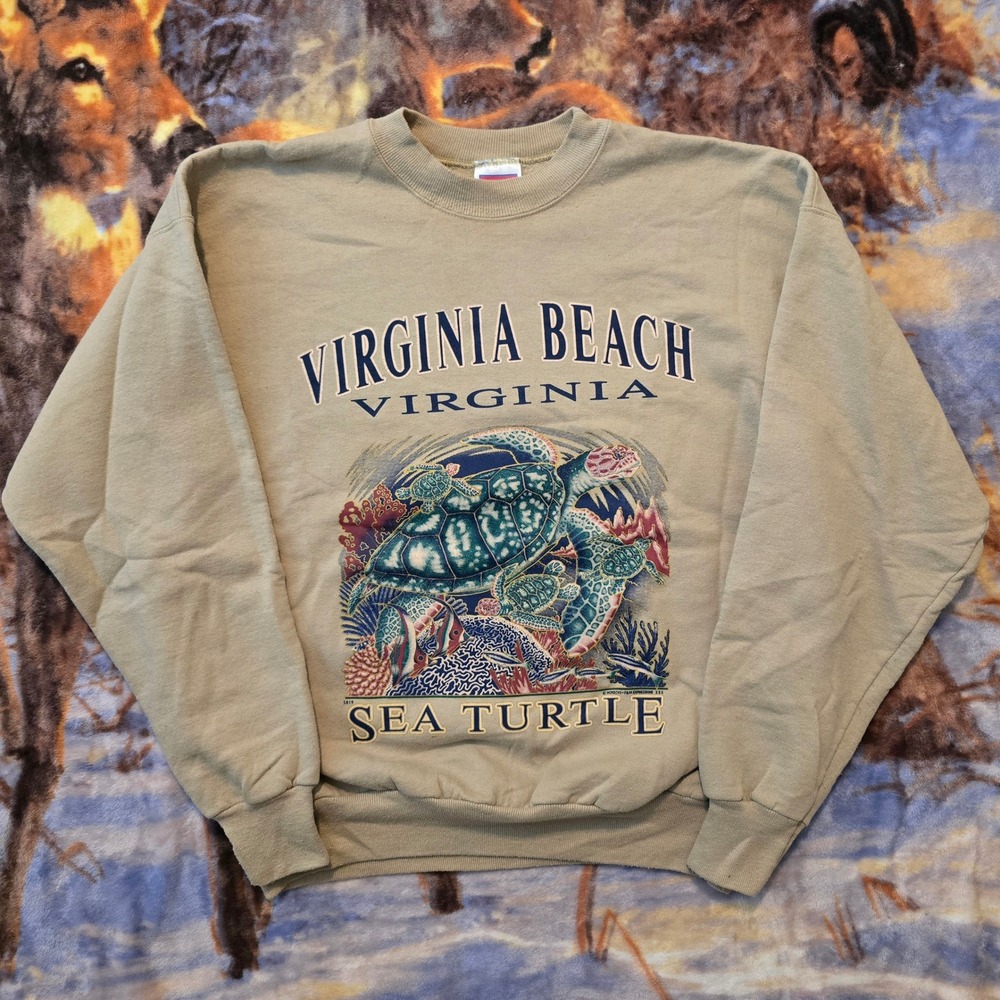 Vintage Virginia Beach Sea Turtle Ocean Animal Print Fish Crewneck sz Large